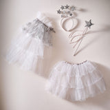 Fairy princess tutu in white tulle with silver sparkles, featuring a silver satin waistband for kids aged 3-5.