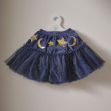 Navy velvet sparkle tutu for kids, adorned with gold stars and moons, perfect for magical dress-up adventures.