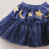 Navy velvet sparkle tutu for kids, adorned with gold stars and moons, perfect for wizard costumes and imaginative play.