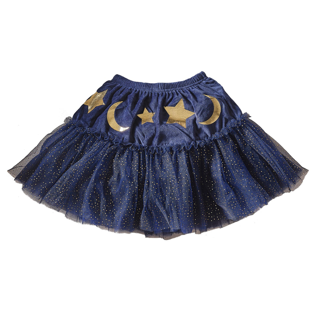 Navy velvet sparkle tutu for kids, featuring gold stars and moons, perfect for wizard dress-up and imaginative play.