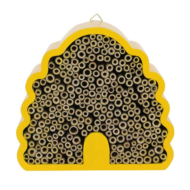 Beehive-shaped bee house for solitary bees, promoting biodiversity and garden beauty, crafted from sustainable materials.