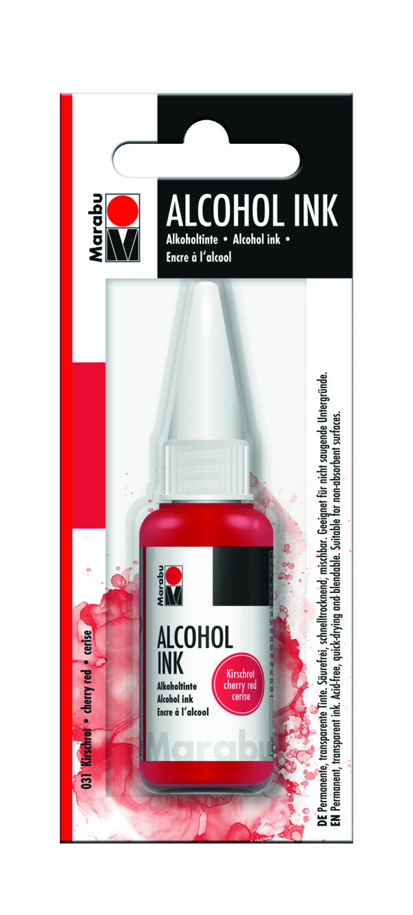 Vibrant 20ml Cherry Red alcohol ink by MARABU, ideal for fluid painting and mixed media on non-absorbent surfaces.