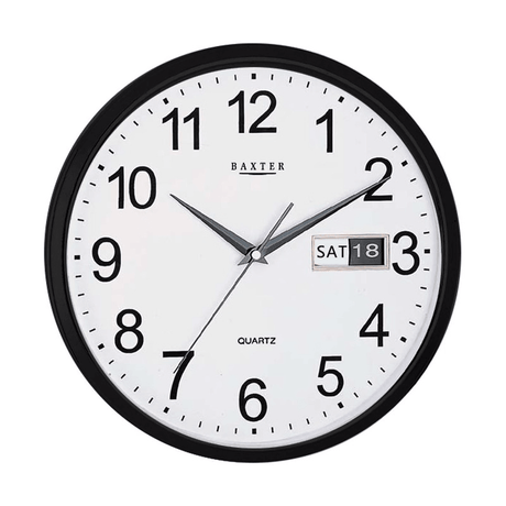 Elegant 32cm black wall clock with day and date display, perfect for modern decor and practical timekeeping.