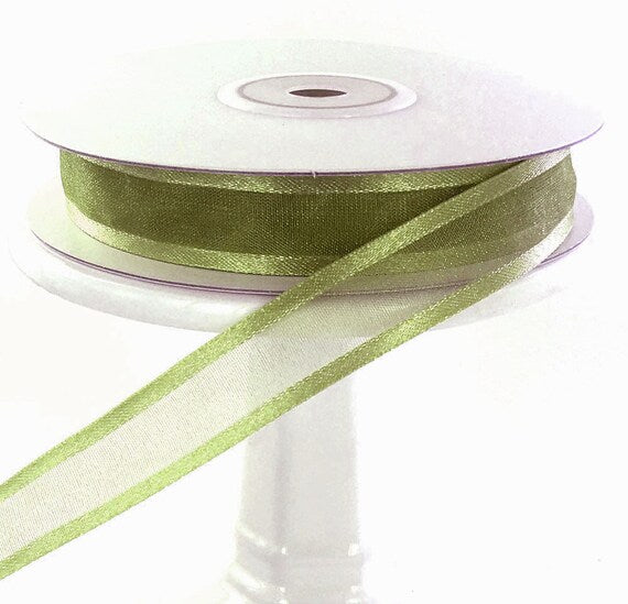 Moss green organdy satin edge ribbon, 23mm wide and 20m long, perfect for crafts, gifts, and elegant decorations.