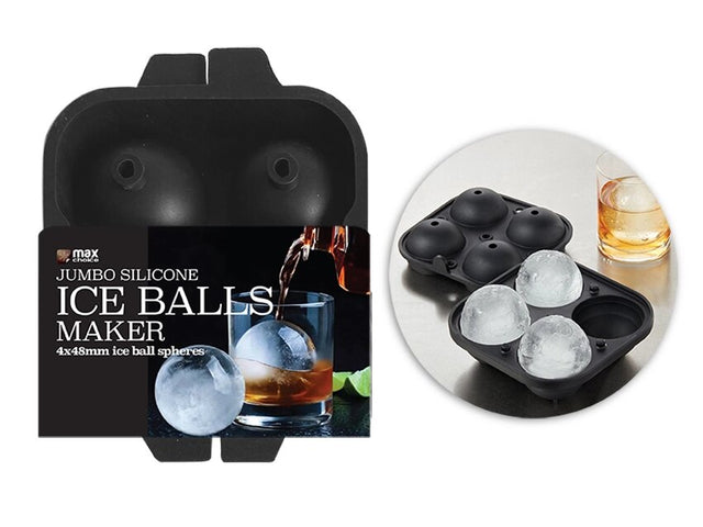 Silicone mold for making 48mm ice balls, ideal for whiskey and cocktails, includes 12 spheres per tray, BPA-free.