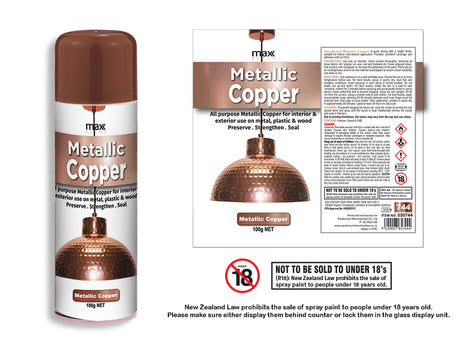 Max Brand All Surface Metallic Copper Spray Paint (100ml) pack of 12, ideal for DIY projects with a durable metallic finish.
