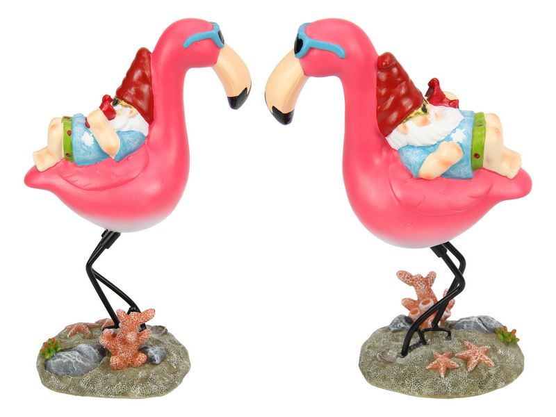 Colorful set of 4 flamingo and gnome garden ornaments, each 25cm tall, perfect for adding whimsy to outdoor spaces.