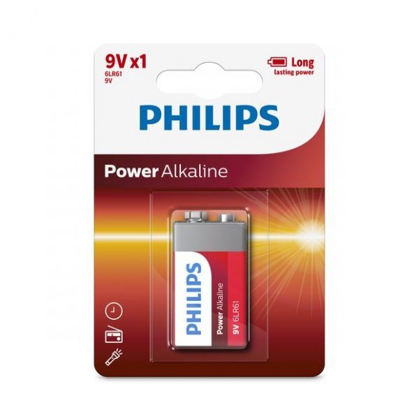 Philips Power 9V Alkaline Batteries, 12-pack, reliable energy for devices like smoke detectors and toys, long-lasting performance.