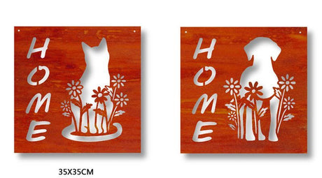 Rustic metal wall art set featuring intricate cat and dog designs, perfect for animal lovers and modern home décor.