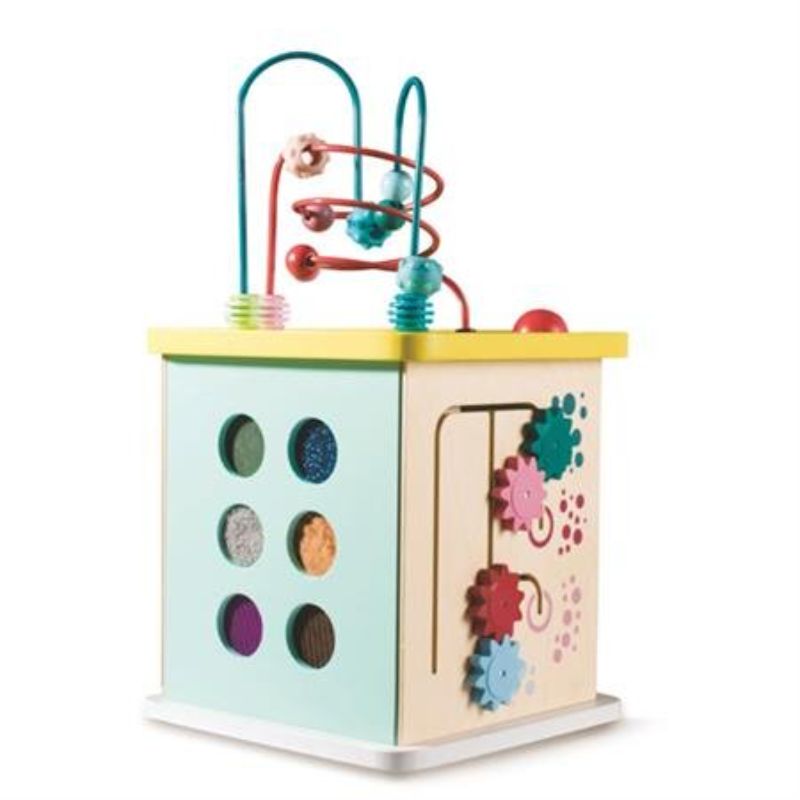 Hape Play Cube: A colorful wooden activity cube for toddlers featuring a marble run, mirrors, textures, and sorting fun.