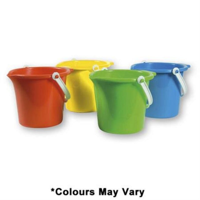 Vibrant 18cm bucket with spout, perfect for summer fun at the beach or backyard play, available in assorted colors.