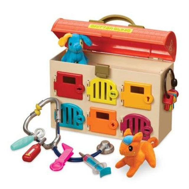 Colorful animal hospital play set with 6 rooms, plush pets, and 5 doctor tools for imaginative vet role-play.