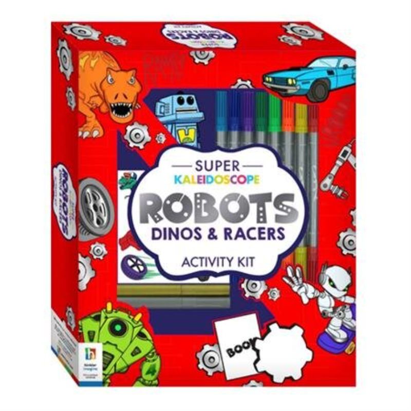 Colouring kit featuring robots, dinosaurs, and racers with double-sided and metallic markers, stickers, and a keyring.