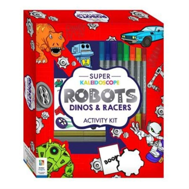 Colouring kit featuring robots, dinosaurs, and racers with double-sided and metallic markers, stickers, and a keyring.