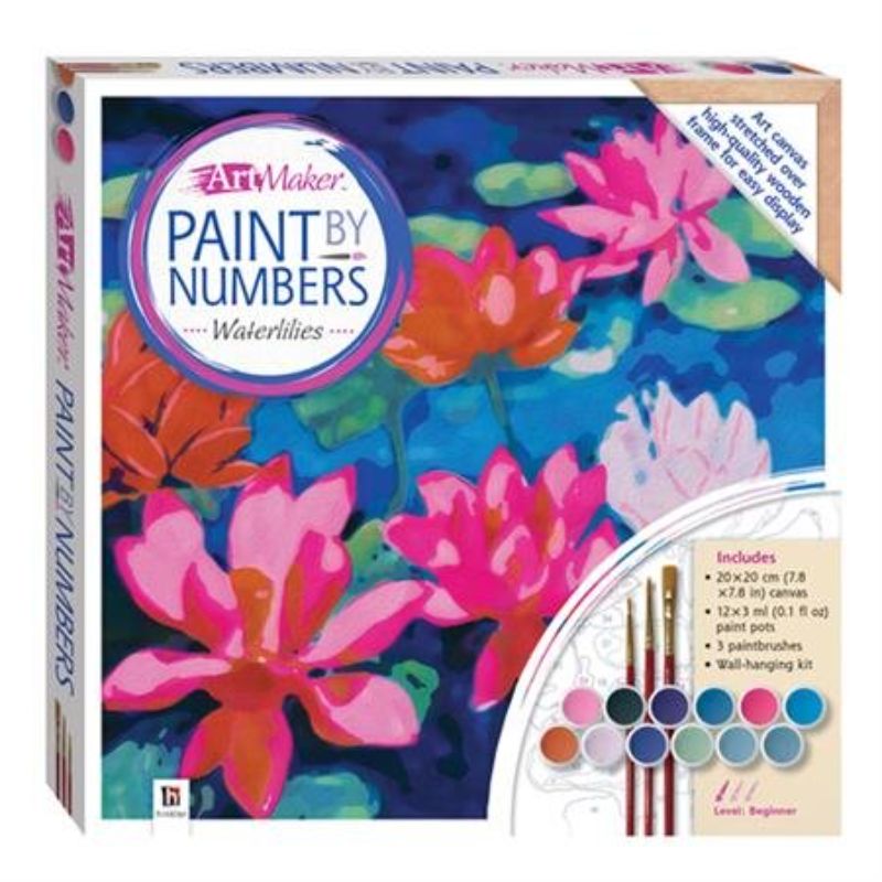 Paint by Numbers Canvas featuring vibrant Waterlilies, complete with paints, brushes, and pre-printed instructions for easy creativity.