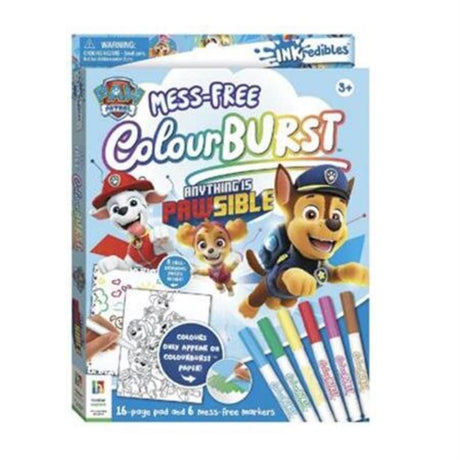 Colorful activity book featuring Paw Patrol characters with mess-free markers for creative, safe coloring fun.