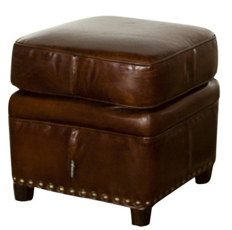 Vintage Cigar Footstool (48cm) in premium leather, featuring brass nail detailing and a durable birch frame for stylish comfort.