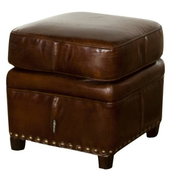 Vintage Cigar Footstool (48cm) in premium leather, featuring brass nail detailing and a durable birch frame for stylish comfort.