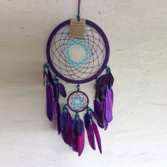 Purple 2 Hoop Dreamcatcher measuring 16 cm, features interwoven hoops with feathers and beads for serene home decor.