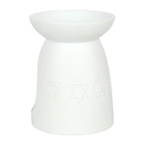 Sleek white ceramic oil burner with seven chakra symbols, perfect for aromatherapy and enhancing relaxation in any space.