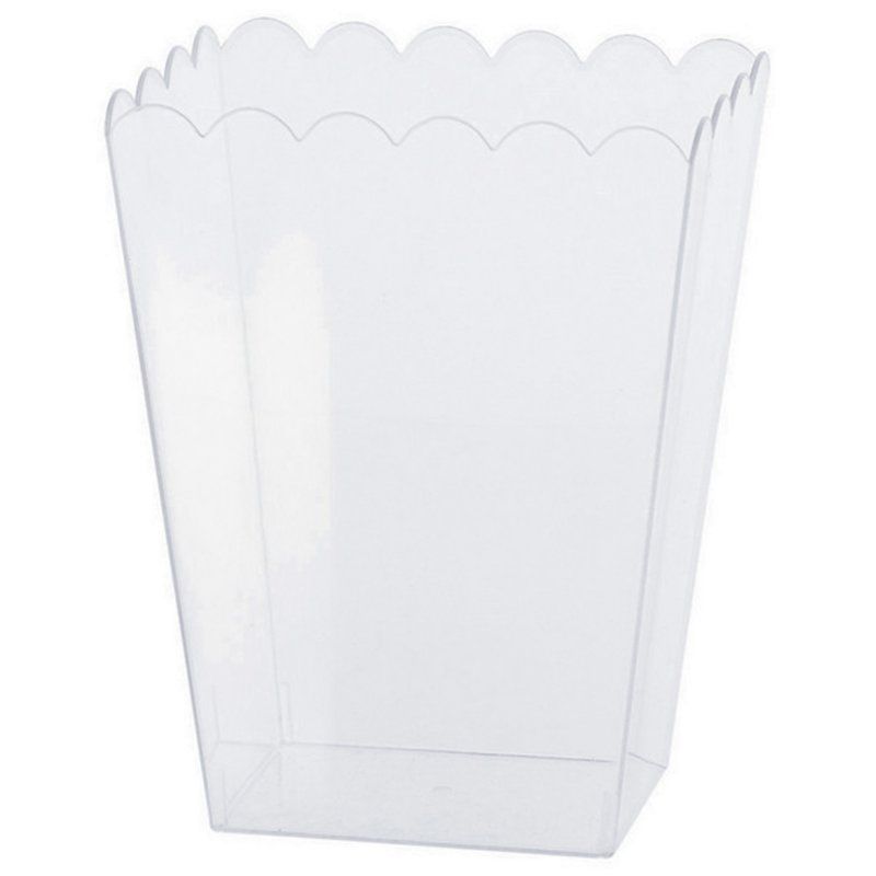 Clear medium scalloped plastic container, perfect for organizing snacks, art supplies, or party treats, lightweight and stylish.