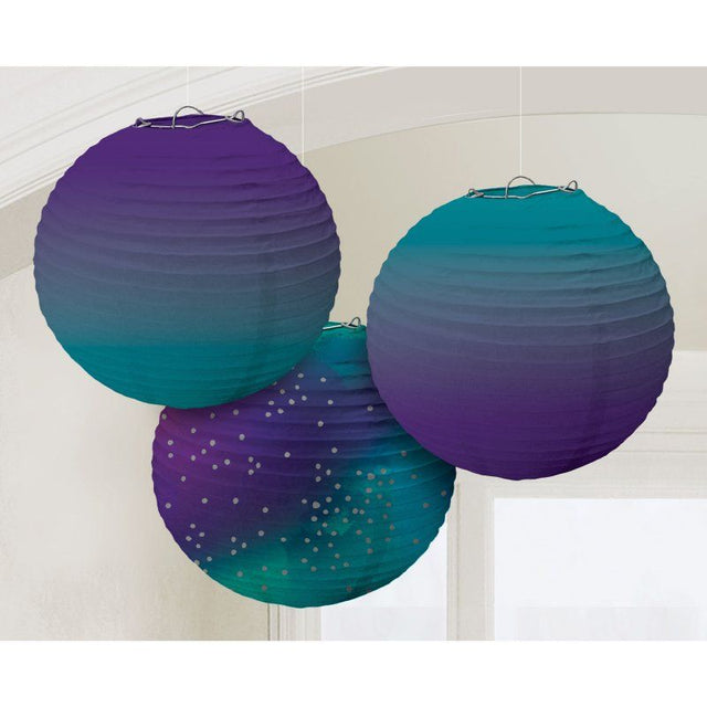 Elegant 24cm paper lanterns with a sapphire ombre design, perfect for enhancing events with a warm, inviting glow.