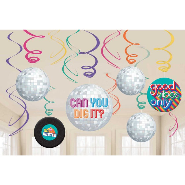 Vibrant 70's themed hanging swirl decorations in a value pack, featuring foil swirls and colorful cutouts for cheerful celebrations.