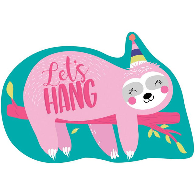 Charming Sloth Let's Hang postcards for inviting guests to relaxed celebrations, featuring cute sloths and save-the-date stickers.