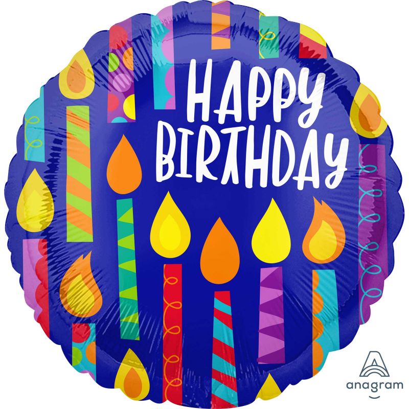 Colorful foil balloon with happy candles, 45cm, perfect for adding joy to any birthday celebration.