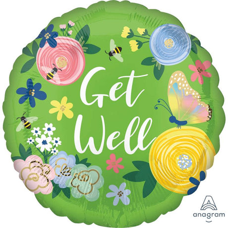 Self-sealing 45cm foil balloon with a vibrant floral design, perfect for sending get well wishes and uplifting spirits.