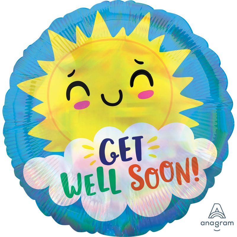 Holographic iridescent "Get Well Soon" sun foil balloon, 45cm, brightens spirits with cheerful design and self-sealing convenience.