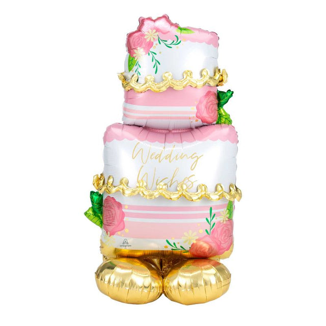 AirLoonz Wedding Wishes Cake foil balloon, 132cm, perfect for wedding decor with whimsical cake designs and charming accents.