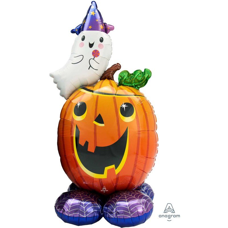 Vibrant AirLoonz Halloween balloon featuring a pumpkin and ghost, perfect for festive decorations at parties.