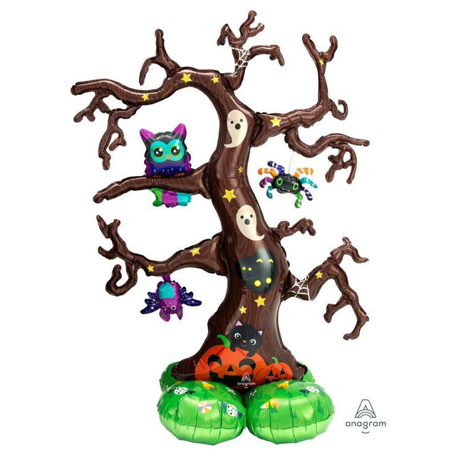 Tall AirLoonz Halloween foil balloon shaped like a creepy tree, featuring ghostly eyes and menacing branches, perfect for spooky decor.