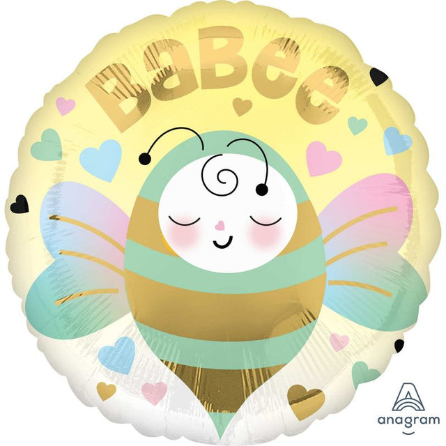 Delightful 45cm foil balloon with a playful bee design, perfect for baby showers and celebrations, easy to inflate and durable.