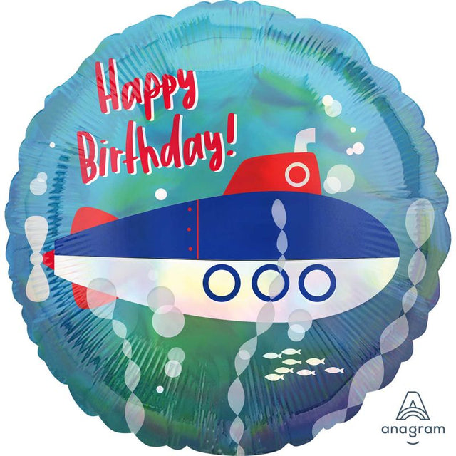 Holographic iridescent submarine balloon, 45cm, ideal for happy birthday celebrations and ocean-themed events.