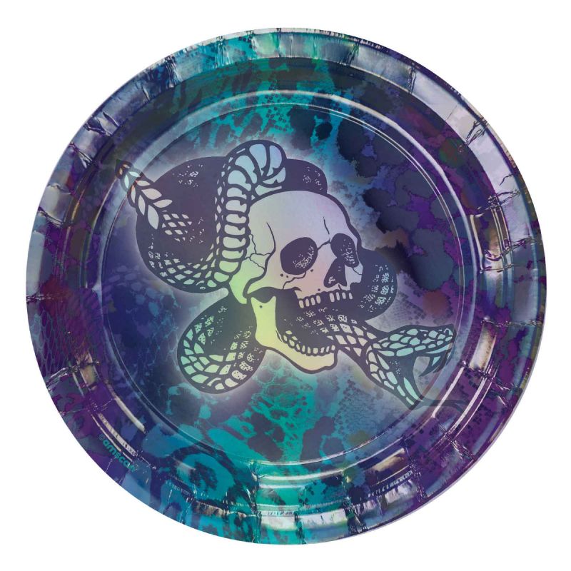 Round iridescent plates in Midnight Mayhem, 17cm, perfect for elegant gatherings and easy cleanup, sold in packs of 8.