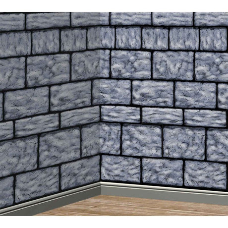 Plastic stone wall scene setter roll measuring 1.21m x 12.1m, perfect for themed events and photography backdrops.