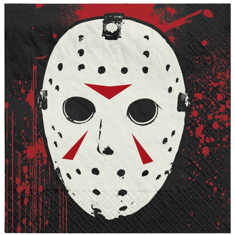 Vibrant Friday the 13th beverage napkins for Halloween parties, featuring spooky imagery, 16 durable 2-ply napkins.