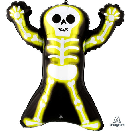 Vibrant 76cm neon skeleton foil balloon, perfect for spooky Halloween parties and decorations. Self-sealing and reusable.