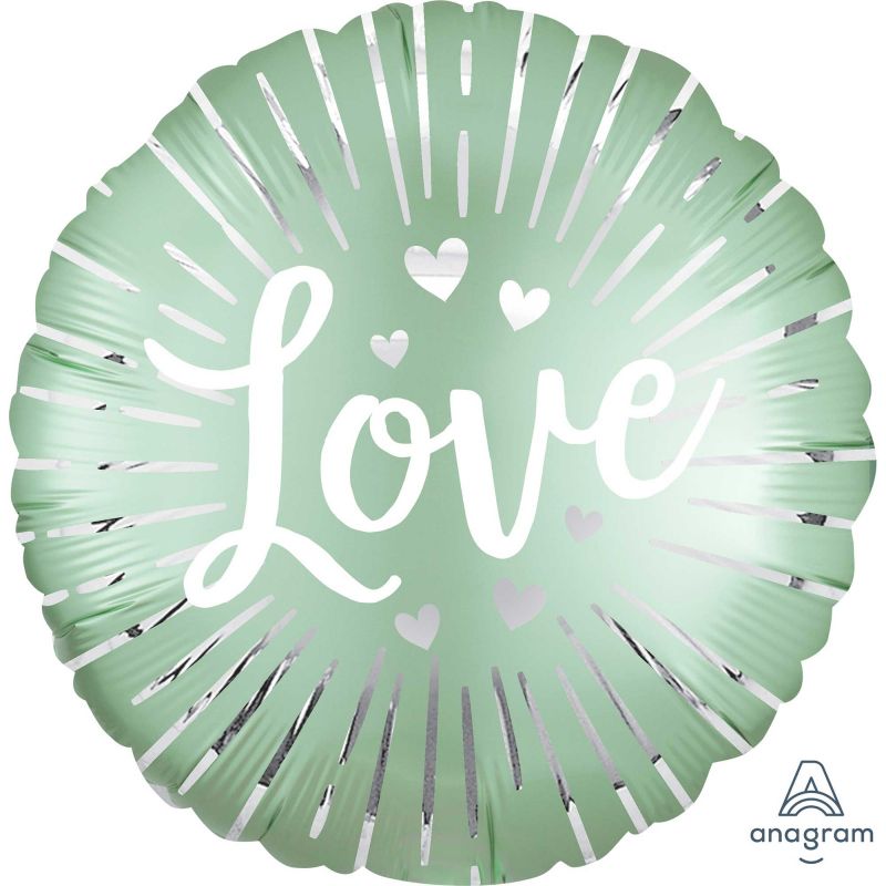 Vibrant 45cm satin foil balloon with a unique love burst design, perfect for elegant celebrations and balloon bouquets.