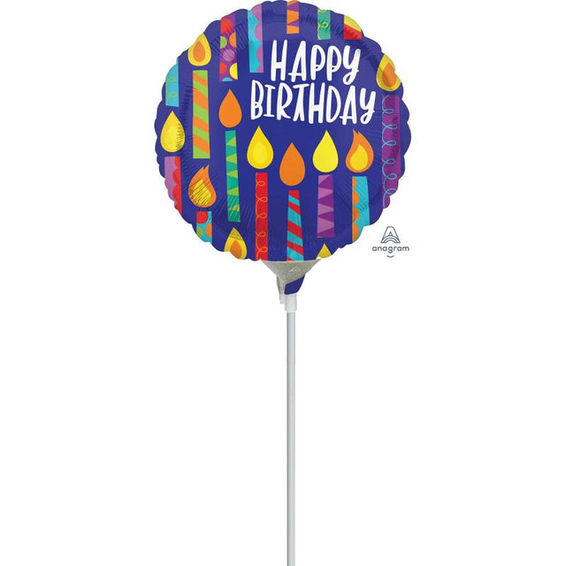 Vibrant 22cm foil balloon with colorful happy candles, perfect for adding festive cheer to birthday celebrations.