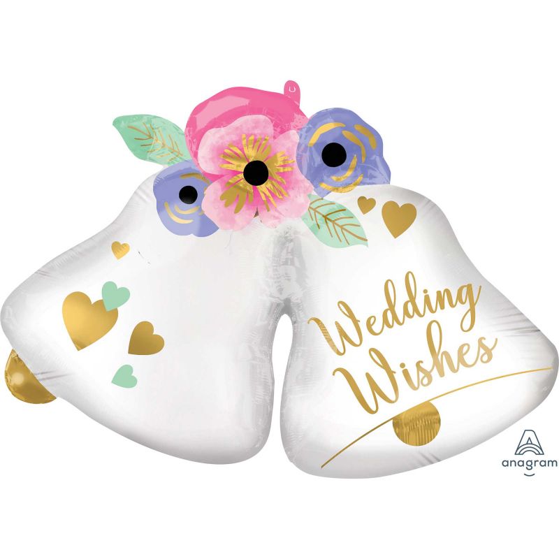 SuperShape XL Wedding Wishes Bells foil balloon, 83cm, featuring vibrant colors and elegant designs for wedding celebrations.