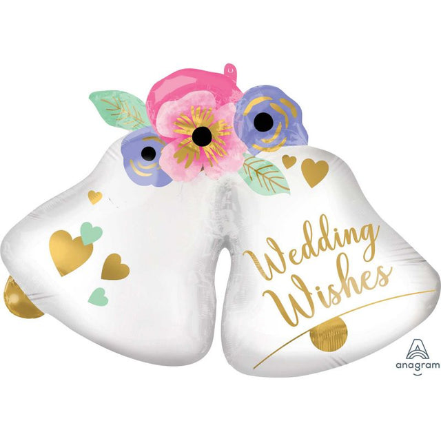 SuperShape XL Wedding Wishes Bells foil balloon, 83cm, featuring vibrant colors and elegant designs for wedding celebrations.