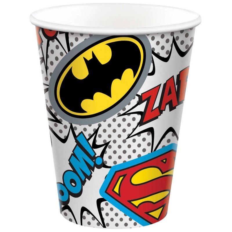 Brightly colored 9oz paper cups featuring iconic Justice League characters, perfect for superhero-themed parties and events.