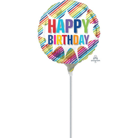 Vibrant 22cm foil balloon featuring a striped burst design, perfect for adding festive flair to birthday celebrations.