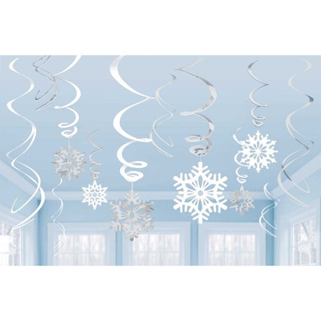 Bright snowflake foil swirl decorations, perfect for winter parties, featuring 12 vibrant pieces with various sizes and easy assembly.