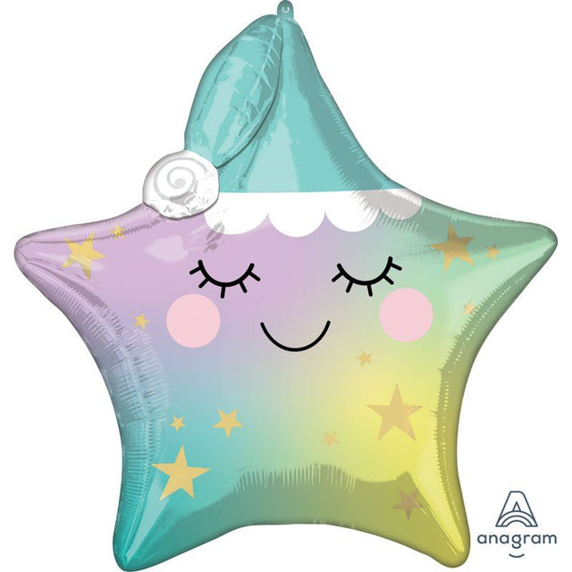 XL Sleepy Little Star foil balloon (63cm) with vibrant colors, ideal for parties and baby showers, self-sealing and durable.