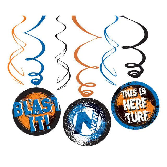 Colorful Nerf swirl decorations pack of 6, ideal for parties, gaming events, and birthdays, adding vibrant fun to any space.