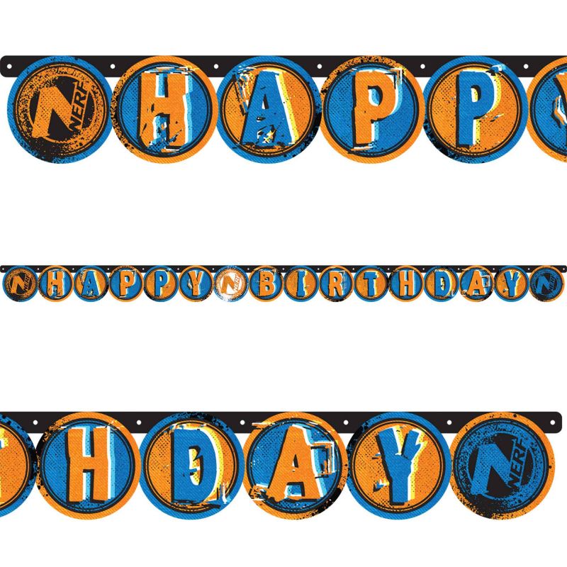 Colorful 2.18m Nerf Happy Birthday banner, perfect for themed parties, crafted from durable materials for festive decor.